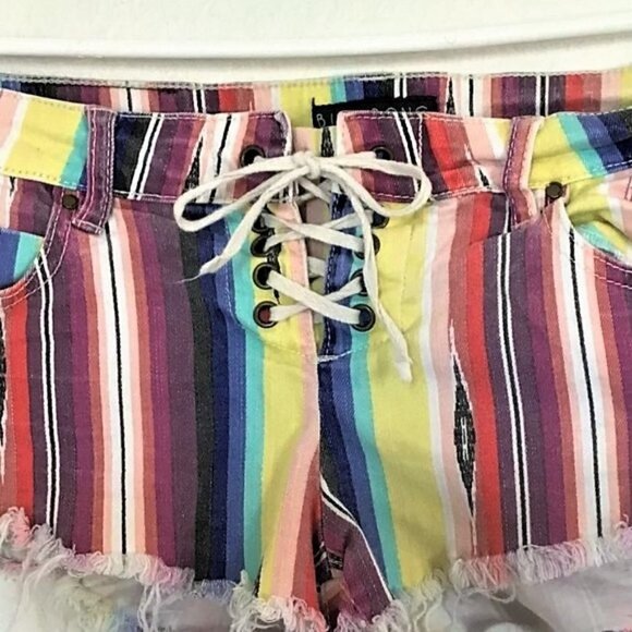 BILLABONG RAINBOW STRIPE LACE UP RAW HEM CUT OFF JEAN SHORTS - Picture 10 of 12